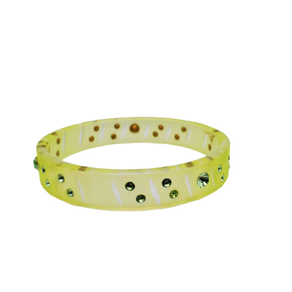 Lime Green Acrylic Bangle Neon Matte Green Rhinestone Bracelet Crystal Plastic - Picture 4 of 7